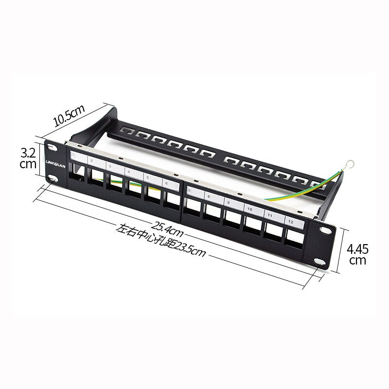 12ports blank patch panel - suitable for cat.5e/cat.6 keystone modules - 10" Inch Rack Mount Incl. Cable Management Support Bar