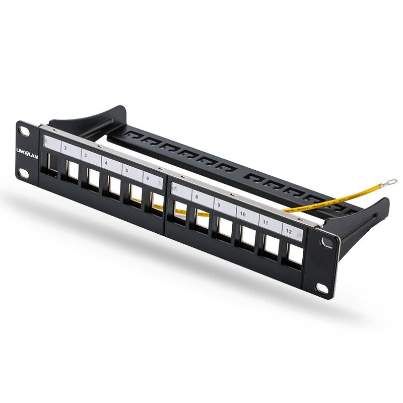 12ports blank patch panel - suitable for cat.5e/cat.6 keystone modules - 10" Inch Rack Mount Incl. Cable Management Support Bar